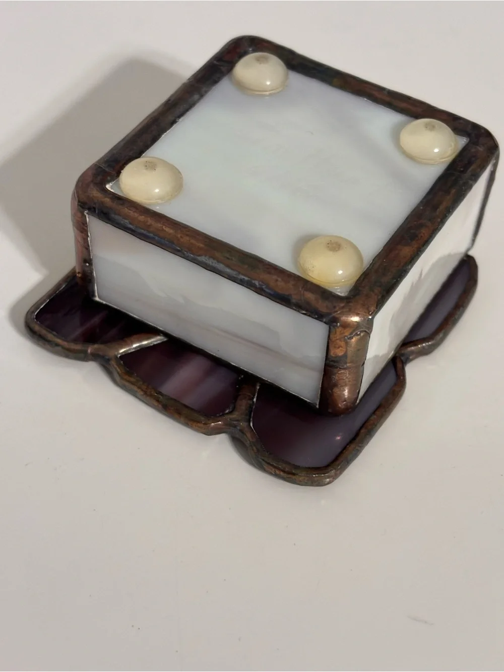 Handmade Stained Glass Trinket Ring Box Purple Flower Yellow Center 2” X 2” Box